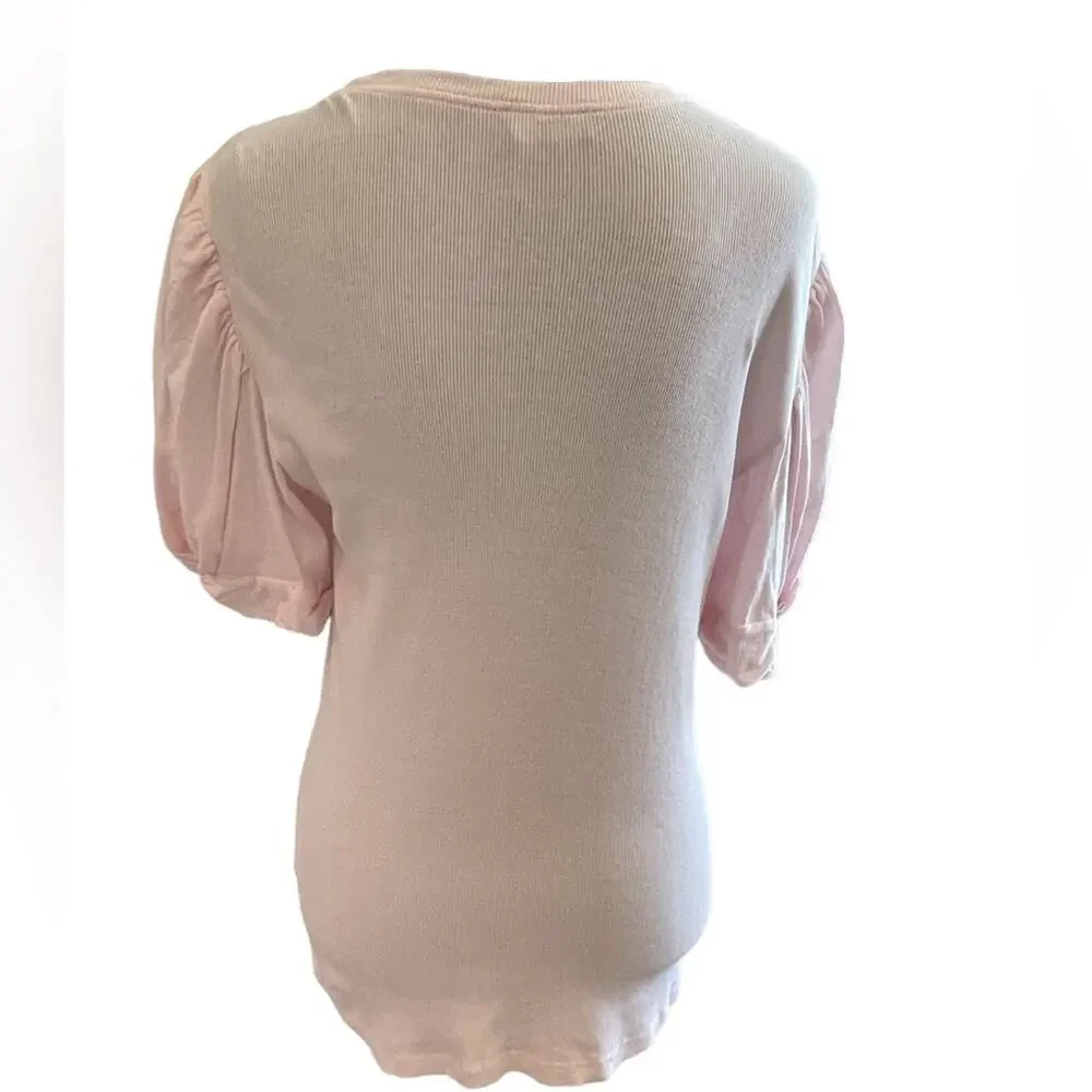 1.STATE  Puff Sleeve Knit blouse / Sz Large / REVOLVE 100% Cotton Pink Ribbed - Picture 3 of 6